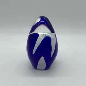 Art Glass Cone Shape Cobalt Blue And White Paper Weight 5” Tall